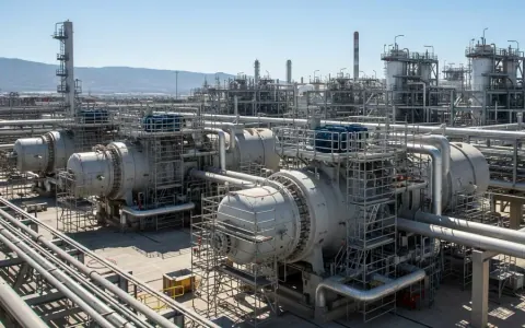 Промисловий комплекс заводу зі скраплення природного газу ECA LNG Phase 1 в Енсенаді, Мексика, з великими холодильними компресорами