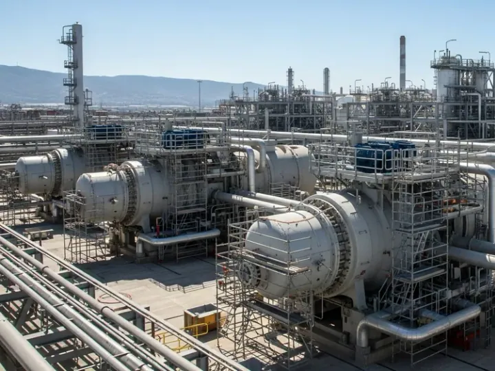 Промисловий комплекс заводу зі скраплення природного газу ECA LNG Phase 1 в Енсенаді, Мексика, з великими холодильними компресорами