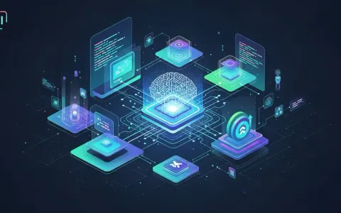 Концептуальна ілюстрація, що зображує трансформацію розробки програмного забезпечення за допомогою ШІ, з абстрактними цифровими елементами та стилізованим ядром ШІ, що символізує підвищену ефективність та автоматизацію.