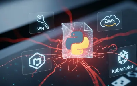 Зображення скомпрометованого файлу пакета Python з цифровими нитками, що тягнуться до символів SSH-ключа, хмари AWS та куба Kubernetes