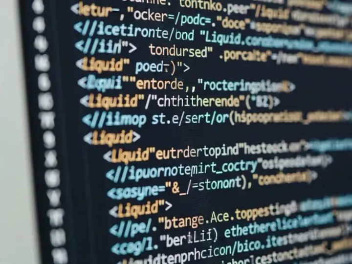 Екран комп'ютера з чистим, добре структурованим кодом HTML та Liquid, що відображає простоту та читабельність.