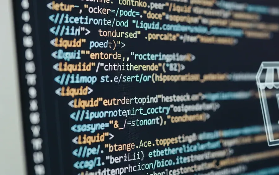 Екран комп'ютера з чистим, добре структурованим кодом HTML та Liquid, що відображає простоту та читабельність.