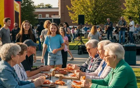 Різноманітна громада Кембриджа святкує на Unity Festival, де літні люди спілкуються за столом з крабами, а молодь розважається на задньому плані.