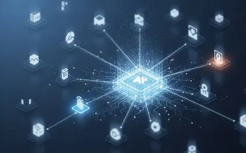 Концептуальна ілюстрація, що зображує штучний інтелект як вирішального посередника у виборі програмного забезпечення.