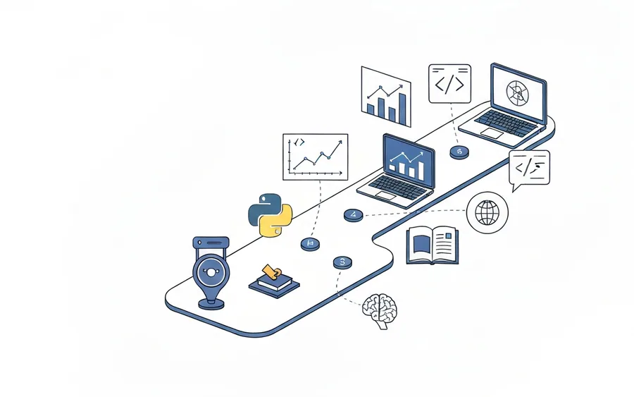 Ілюстрація дорожньої карти з іконками Python, графіками Data Science та елементами коду, що символізує шлях до освоєння Python для кар'єри в Data Science.
