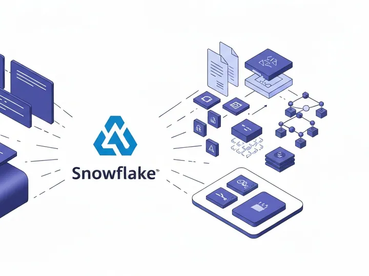 Ілюстрація, що показує, як Snowflake Cortex Code (CoCo) прискорює розробку даних. У центрі стилізований логотип Snowflake, від якого розходяться елементи, що символізують швидку генерацію коду, dbt моделей, вирішення складних ієрархій та розробку ШІ-агентів, підкреслюючи інтеграцію та автоматизацію.