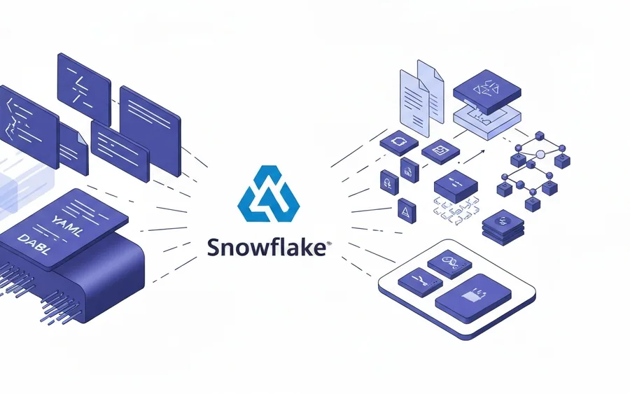 Ілюстрація, що показує, як Snowflake Cortex Code (CoCo) прискорює розробку даних. У центрі стилізований логотип Snowflake, від якого розходяться елементи, що символізують швидку генерацію коду, dbt моделей, вирішення складних ієрархій та розробку ШІ-агентів, підкреслюючи інтеграцію та автоматизацію.