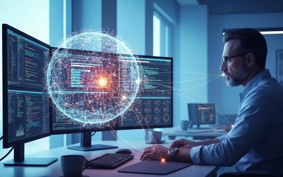 Ілюстрація AI-агента для кодування Cortex Code, що допомагає розробнику працювати з корпоративними даними та кодом.