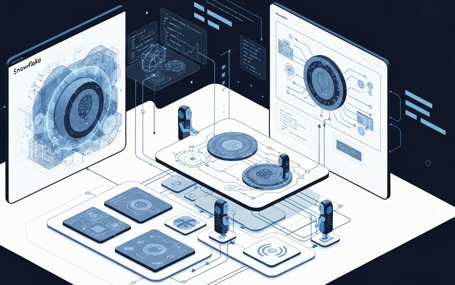 Футуристична ілюстрація, що показує інтеграцію AI-агента Cortex Code у платформу Snowflake, з візуалізацією потоків даних, фрагментів коду та кількох AI-агентів, що працюють разом над завданням.