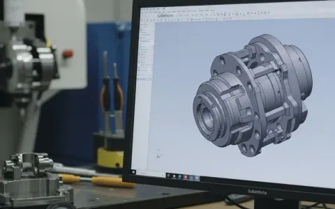 3D-модель складної механічної збірки в SolidWorks на моніторі, з елементами виробничого середовища на задньому плані