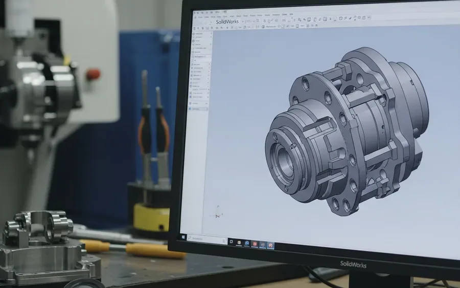 3D-модель складної механічної збірки в SolidWorks на моніторі, з елементами виробничого середовища на задньому плані
