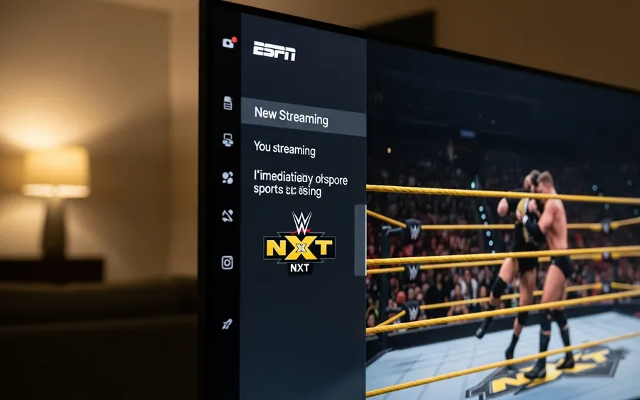 Екран смарт-телевізора, що показує пряму трансляцію матчу WWE NXT у додатку ESPN.