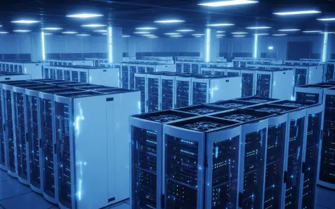 Високотехнологічний інтер'єр центру обробки даних з рядами серверних стійок NVIDIA Vera Rubin, що світяться синім і фіолетовим світлом