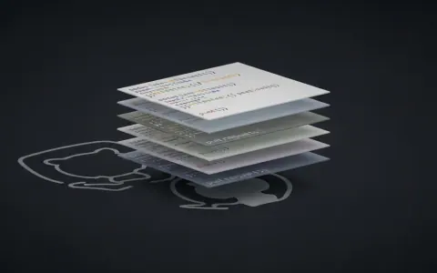 Концептуальна ілюстрація, що показує кілька напівпрозорих прямокутних шарів коду, розташованих вертикально, що символізують Stacked Pull Requests, інтегровані в абстрактне представлення інтерфейсу GitHub.