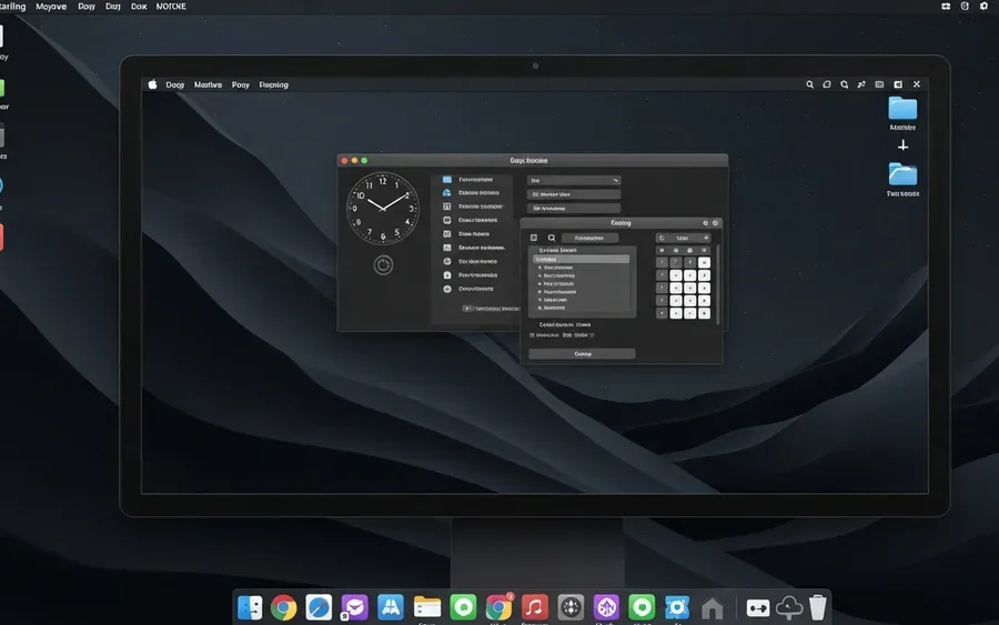 Монітор комп'ютера з робочим столом Starling Linux у темному режимі, що нагадує macOS Mojave, з доком та відкритою програмою.