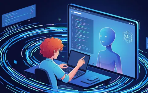 Ілюстрація, що показує розробника, який працює з інтерфейсом AI-асистента для кодування, з абстрактними елементами коду на фоні.