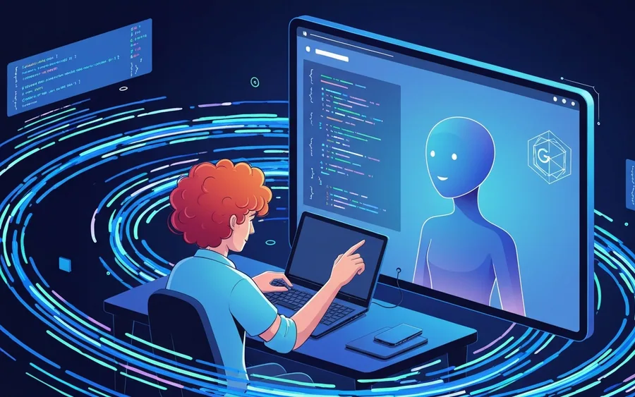 Ілюстрація, що показує розробника, який працює з інтерфейсом AI-асистента для кодування, з абстрактними елементами коду на фоні.