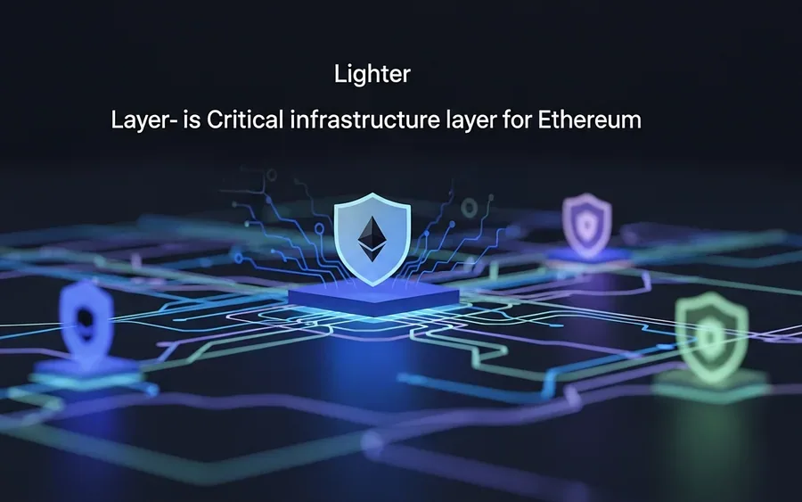 Концептуальна ілюстрація, що символізує Lighter як критичний інфраструктурний рівень Ethereum, з абстрактними цифровими шляхами та захищеними з'єднаннями.