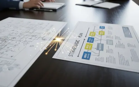 Концептуальне зображення, що поєднує інженерні схеми та стратегічний план на столі, символізуючи інтеграцію технологій та управління.