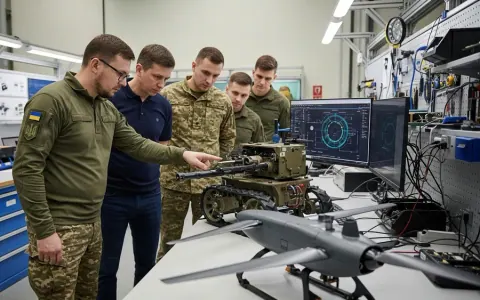 Українські інженери та військові спеціалісти працюють над розробкою передових оборонних технологій, таких як наземні роботи або дрони, у сучасному цеху.