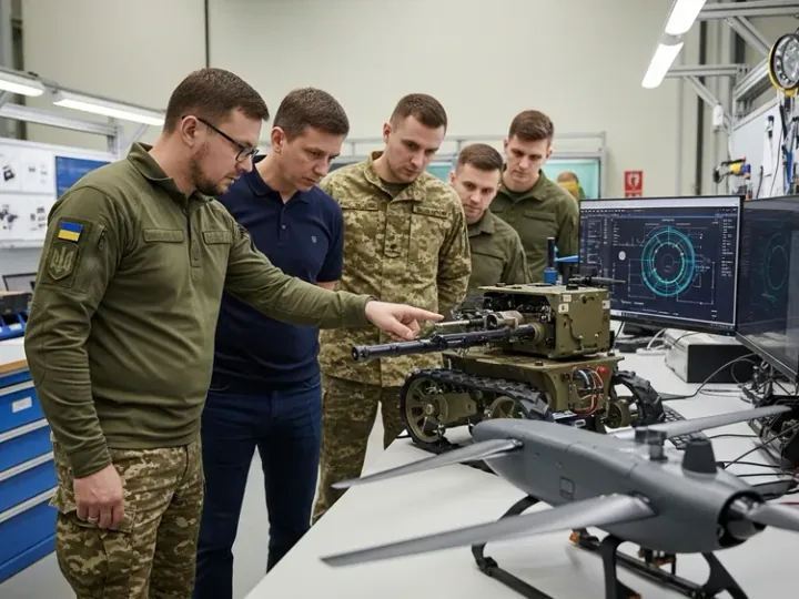 Українські інженери та військові спеціалісти працюють над розробкою передових оборонних технологій, таких як наземні роботи або дрони, у сучасному цеху.