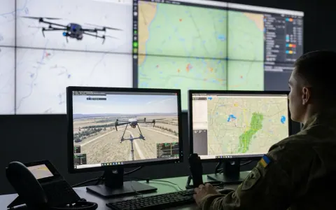 Сучасний військовий командний центр з екранами, що відображають дані з дронів
