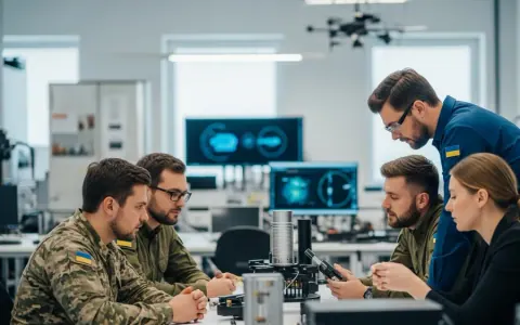 Інженери з України та країн НАТО співпрацюють над компонентом системи протидії дронам у лабораторії.