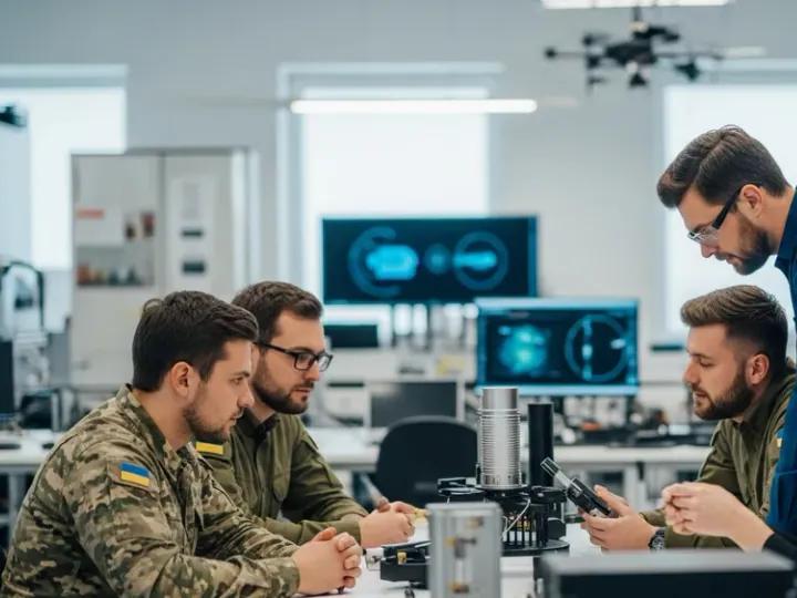 Інженери з України та країн НАТО співпрацюють над компонентом системи протидії дронам у лабораторії.