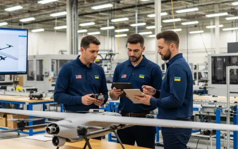 Частково зібраний український дрон на складальному столі в американській фабриці, інженери обговорюють деталі