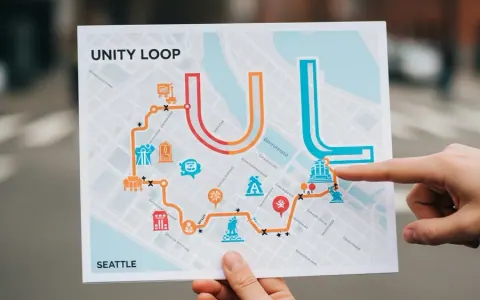 Фізична карта Unity Loop з елементами брендингу та петлеподібною лінією, що відображає маршрут у Сіетлі.