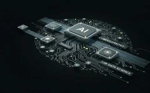 Стилізоване зображення цифрового мозку або мережі, що символізує взаємозв'язок штучного інтелекту, кібербезпеки та аналізу даних, на сучасному фоні.