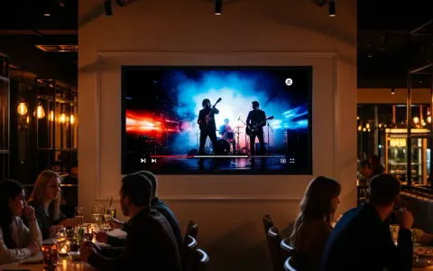 Музичне відео Vevo транслюється на великому екрані у сучасному ресторані.