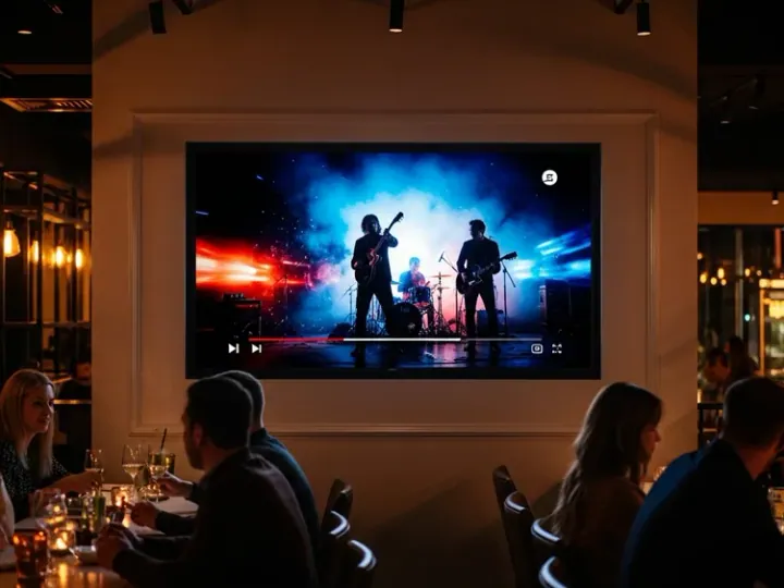 Музичне відео Vevo транслюється на великому екрані у сучасному ресторані.