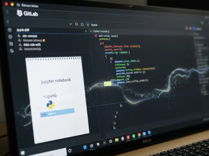 Екран комп'ютера з інтерфейсом GitLab, що показує diff спеціально створеного Jupyter Notebook, натякаючи на вразливість RCE.
