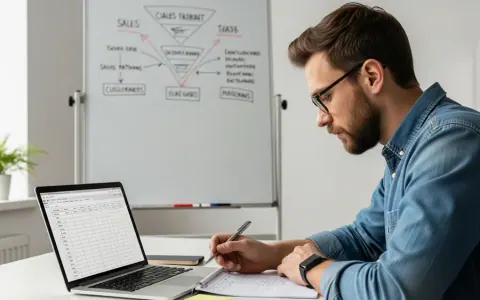 Засновник B2B SaaS на ранній стадії аналізує нотатки та дані про клієнтів у своєму офісі.