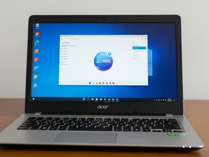 Старий ноутбук Acer Aspire з працюючою операційною системою Zorin OS Lite на екрані, що стоїть на дерев'яному столі.