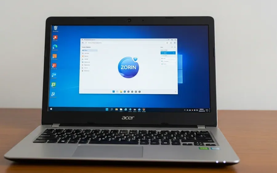 Старий ноутбук Acer Aspire з працюючою операційною системою Zorin OS Lite на екрані, що стоїть на дерев'яному столі.