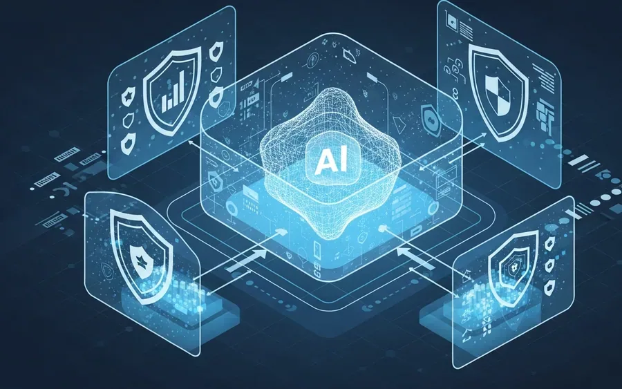 Концептуальна ілюстрація, що зображує багатошаровий захист AI-моделі за допомогою цифрових елементів безпеки.
