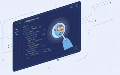 Ілюстрація, що зображує AI-асистента для кодування, який взаємодіє з кодом у середовищі розробки.