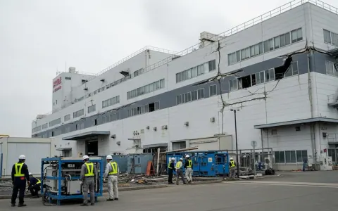 Промислова зона Кумамото, Японія, після землетрусу, з пошкодженим заводом та робітниками, що проводять відновлювальні роботи