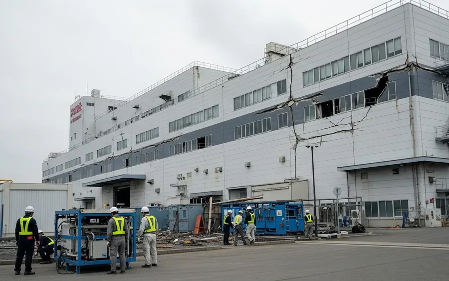 Промислова зона Кумамото, Японія, після землетрусу, з пошкодженим заводом та робітниками, що проводять відновлювальні роботи