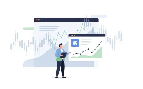 Концептуальна ілюстрація фінансової активності навколо веб-платформи для дизайну, що показує абстрактні графіки та цифрові елементи
