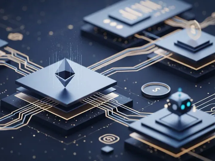 Концептуальна ілюстрація, що зображує Ethereum як фундаментальний компонент цифрових фінансів та децентралізований розрахунковий рівень, з абстрактними елементами, що символізують інституційні потоки та мережеві шари.
