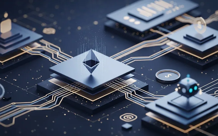 Концептуальна ілюстрація, що зображує Ethereum як фундаментальний компонент цифрових фінансів та децентралізований розрахунковий рівень, з абстрактними елементами, що символізують інституційні потоки та мережеві шари.