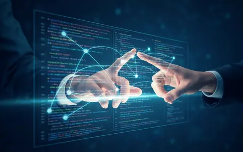 Футуристична ілюстрація, що показує руки розробника, які взаємодіють з інтерфейсом коду, що світиться, з абстрактними елементами, що символізують ШІ-агентів, які прискорюють розробку.