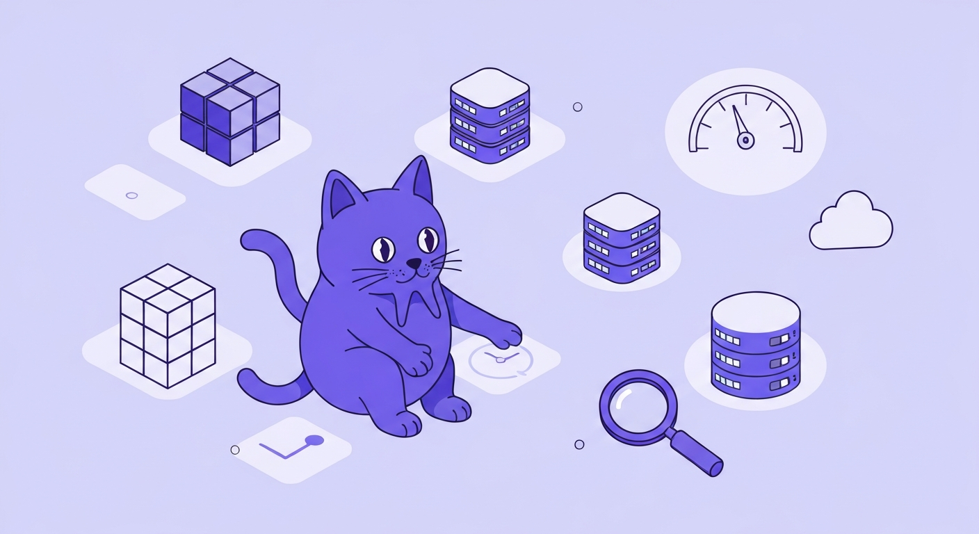 Стилізований GitHub Octocat взаємодіє з абстрактними іконками баз даних, що символізують аналітику, продуктивність, моніторинг та масштабування в контексті інженерії даних.