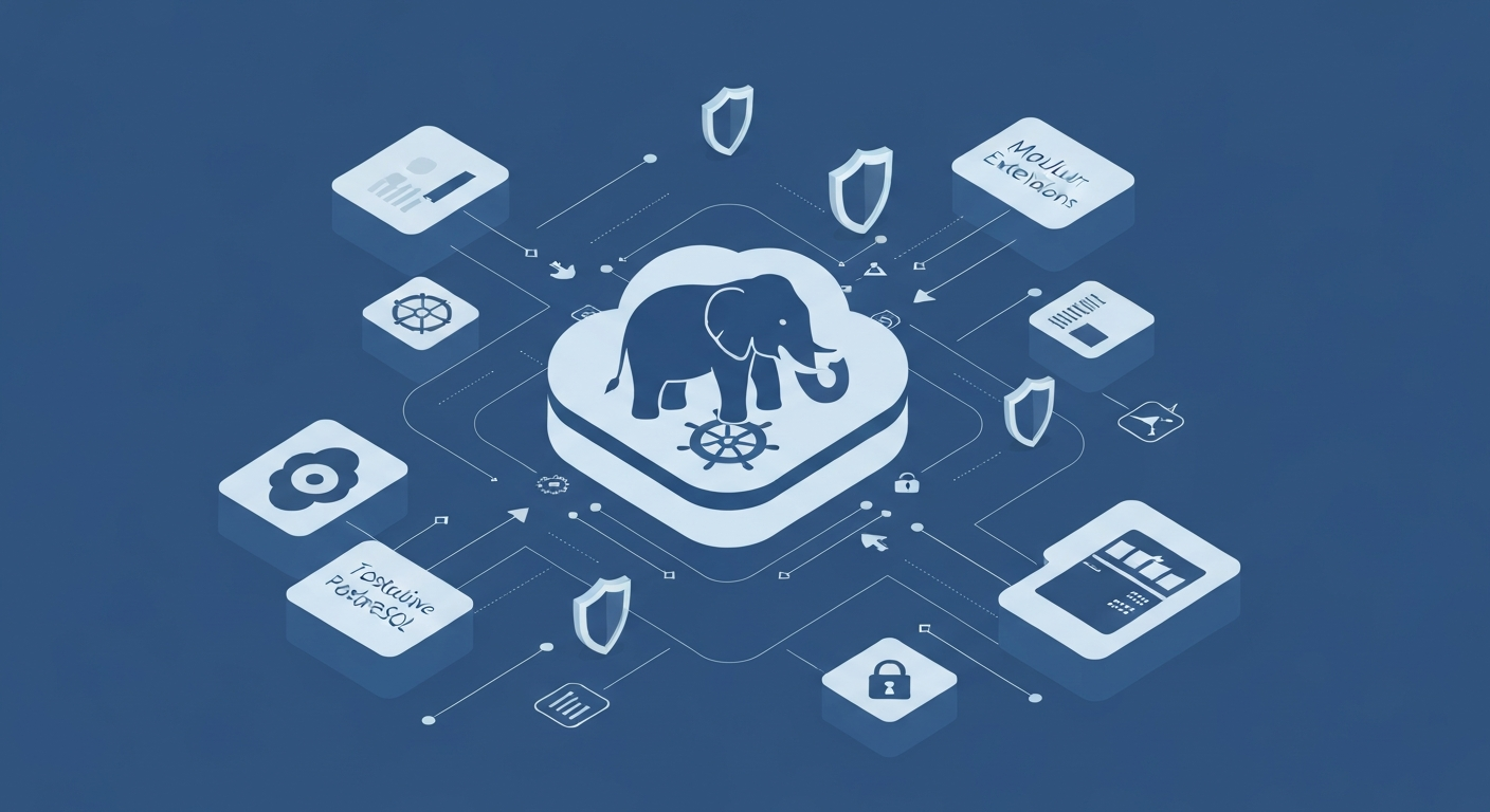 Ілюстрація, що показує інтеграцію PostgreSQL (символ слона) з Kubernetes, модульні розширення та захист даних у хмарному середовищі.