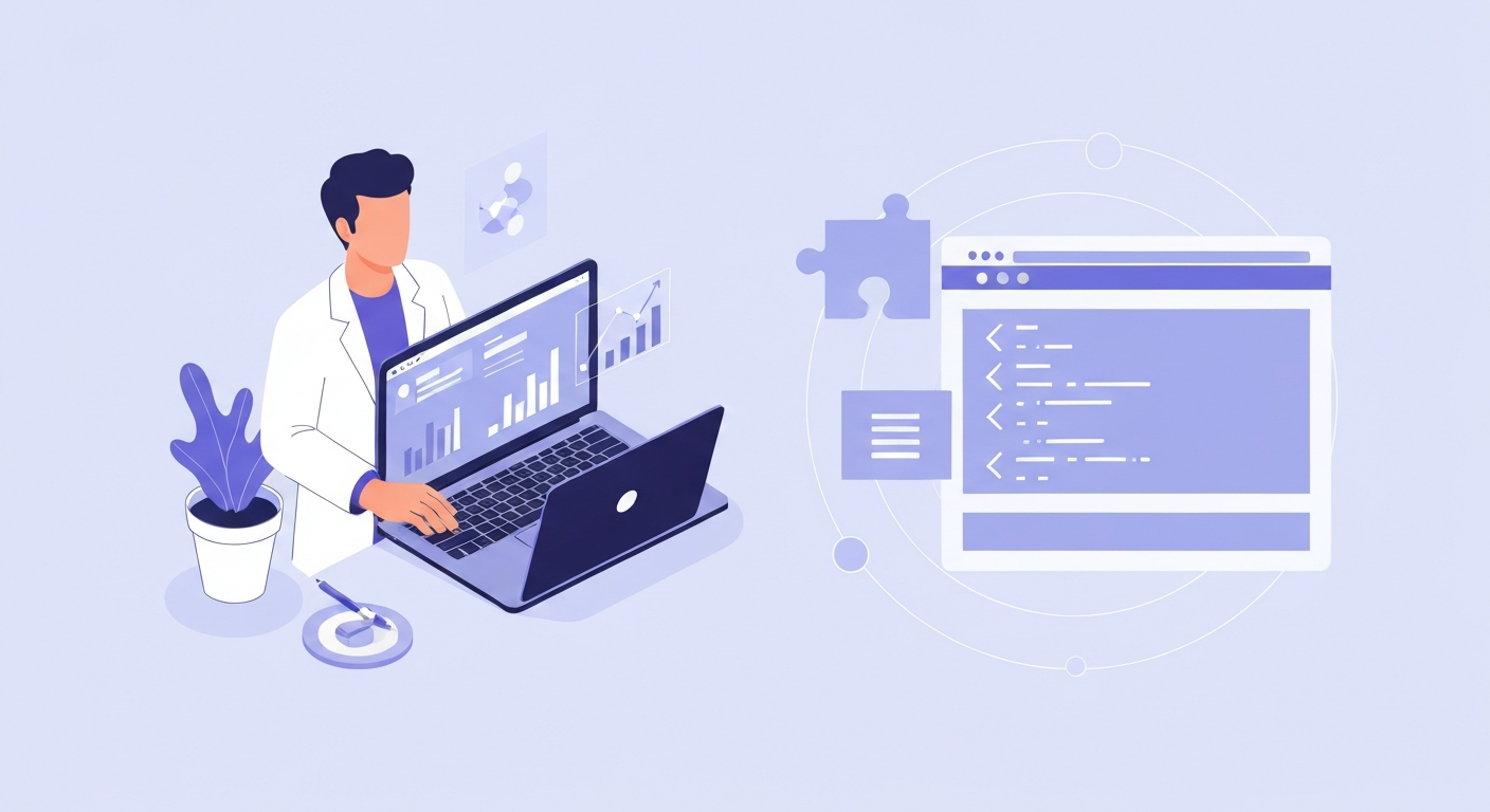 Ілюстрація, що показує Data Scientist-а, який працює над веб-розробкою, поєднуючи елементи коду, візуалізації даних та інтерфейсу веб-сайту.