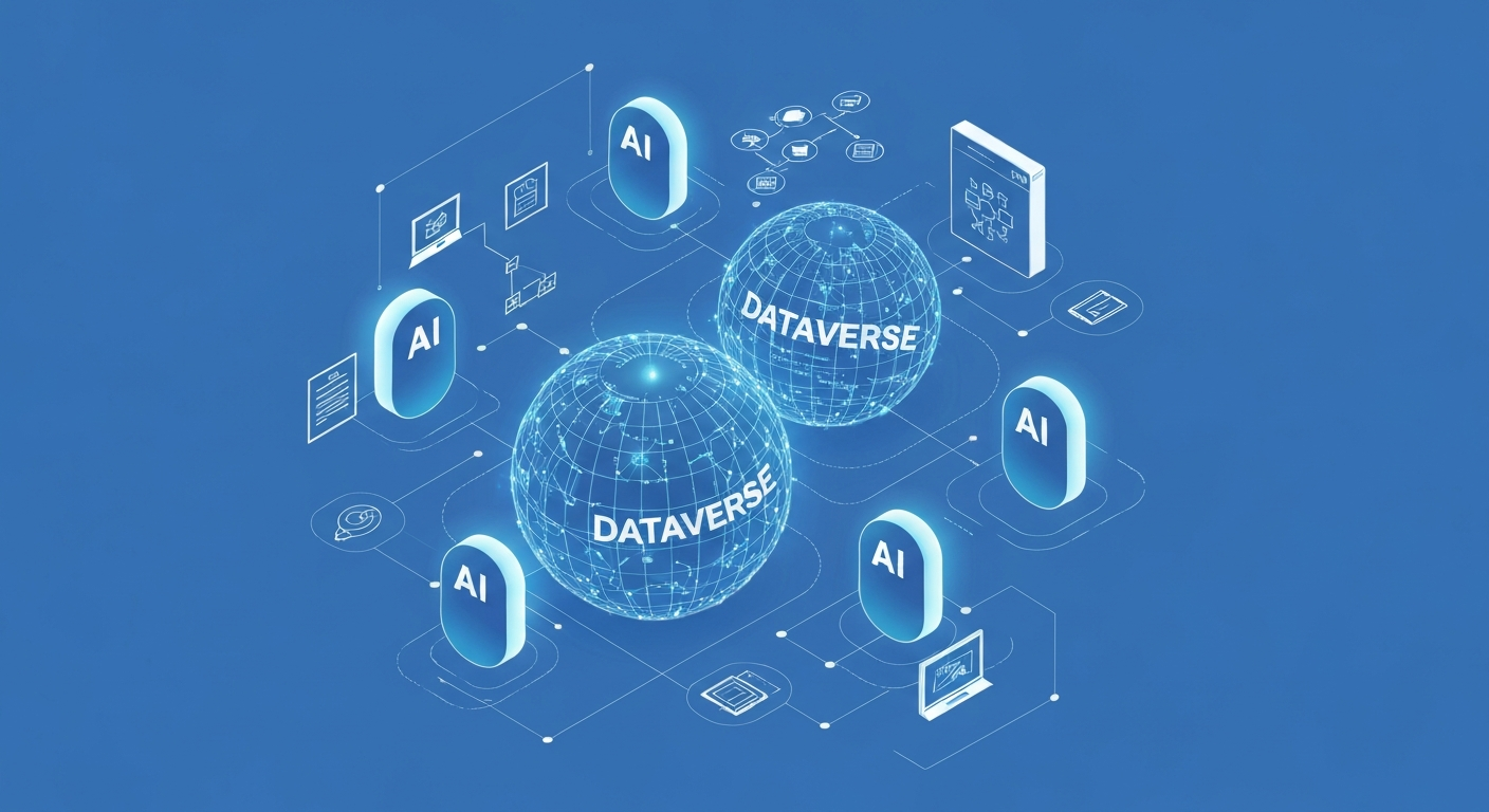 Ілюстрація, що зображує взаємодію AI-агентів з центральною платформою даних Dataverse, яка надає їм бізнес-контекст та розуміння.