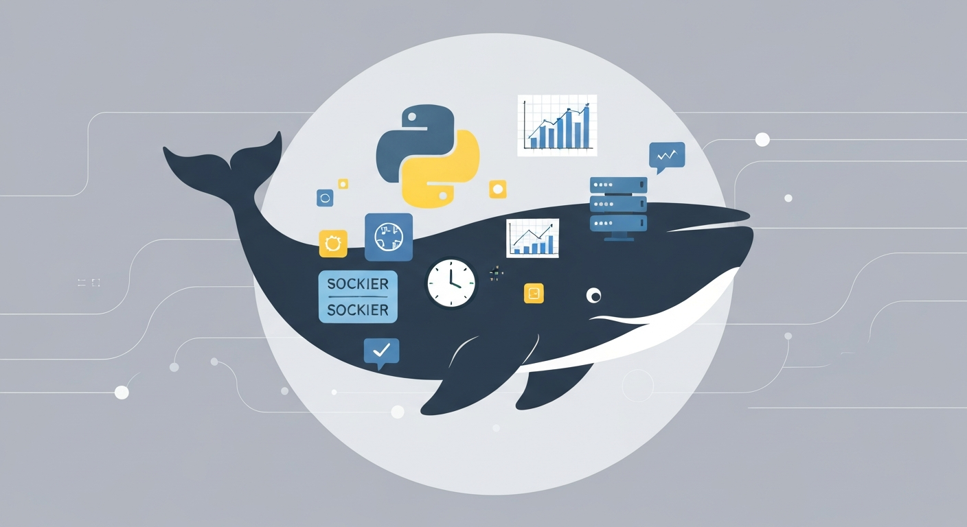 Ілюстрація, що зображує кита Docker, який інкапсулює елементи Python-проєктів, такі як логотип Python, графіки даних, сервер та годинник, символізуючи контейнеризацію та портативність.